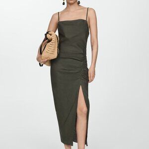 Mango 100% Linen Draped Detail Slit Dress